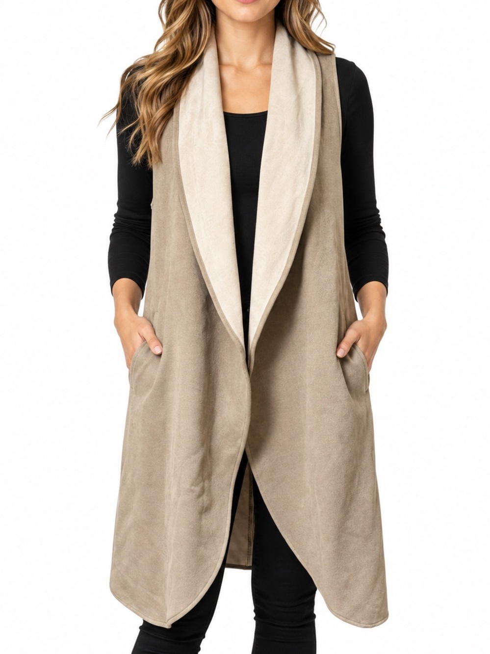 Soon Taupe Faux Suede Open Front Waterfall Longline Vest Size Small